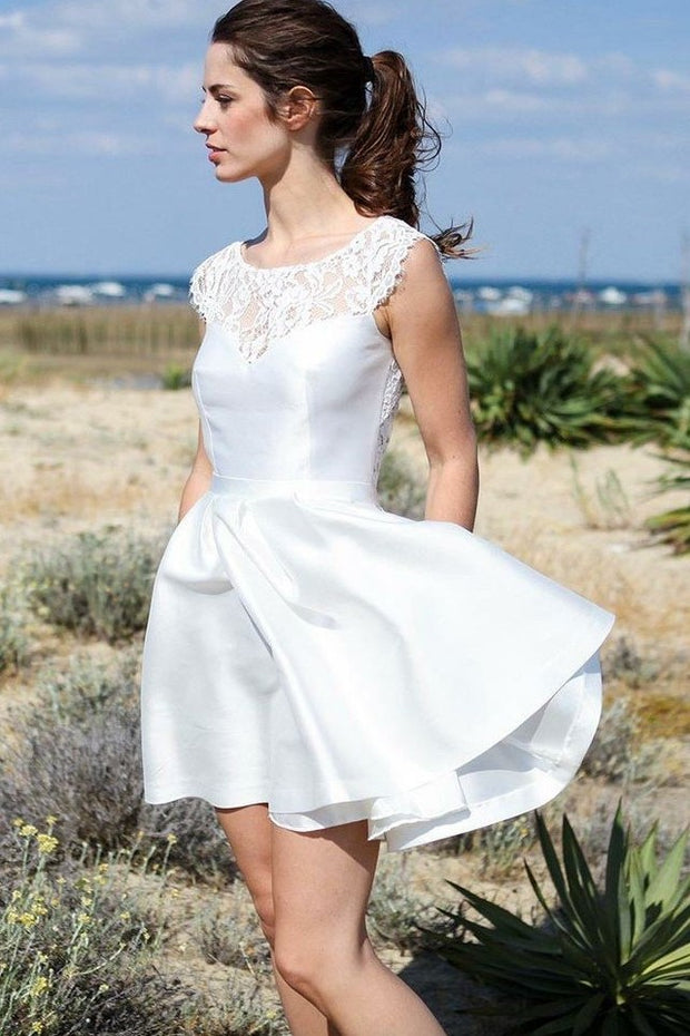 short-informal-white-wedding-dress-with-lace-neckline