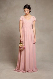 short-sleeves-pink-chiffon-bridesmaid-dress-v-neckline