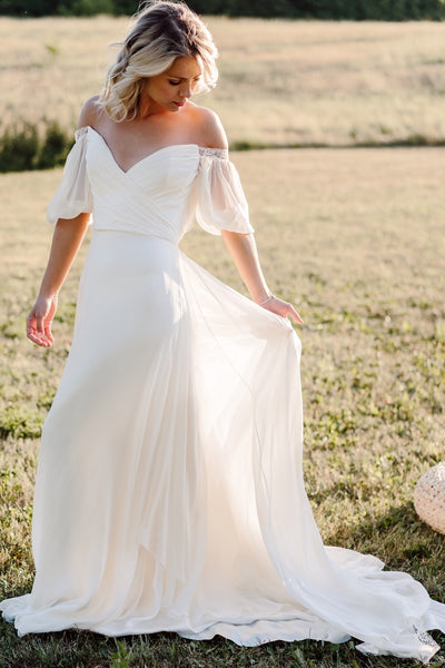 Simple Beach Bridal Dress with Off-the-shoulder Neckline