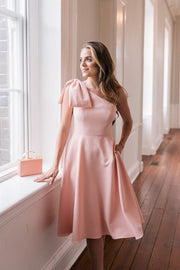 single-shoulder-bridesmaid-dress-pink-bow-sash-1