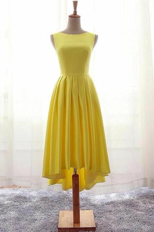 Sleeveless Satin Yellow Bridesmaid Dresses High Low Skirt