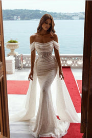 Sparkling Sequin Off-the-shoulder Bride Dresses Ruching Bodice