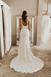 Square Neck Simple Bridal Dresses for Wedding with Sweep Train