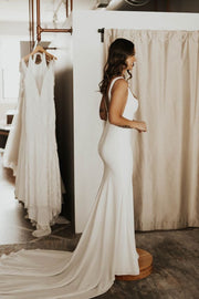 Square Neck Simple Bridal Dresses for Wedding with Sweep Train