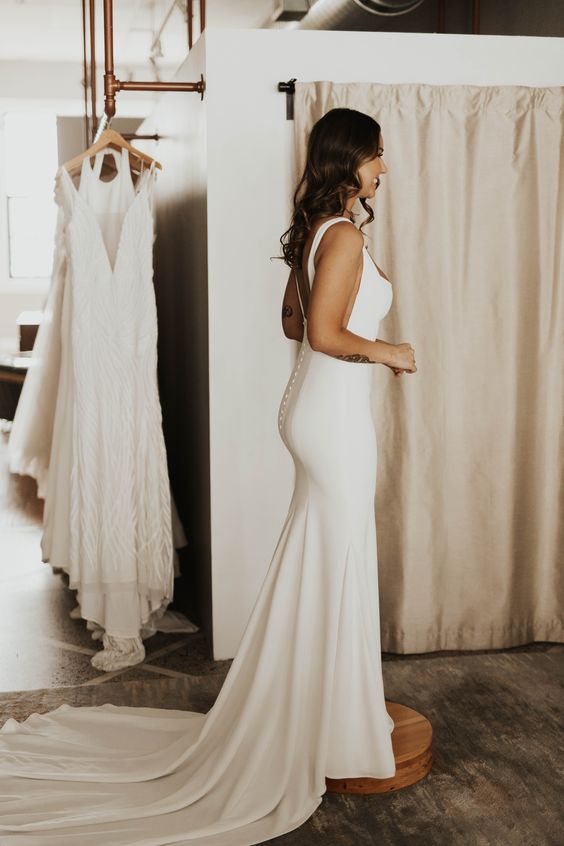 Square Neck Simple Bridal Dresses for Wedding with Sweep Train