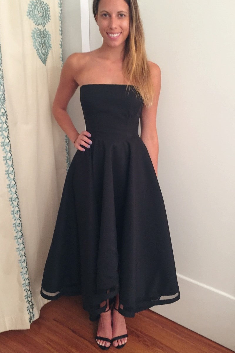 Strapless Black Hi-Lo Prom Dresses with Open Back