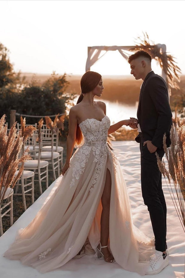 Strapless Bridal Dresses with Lace Bodice and Tulle Skirt