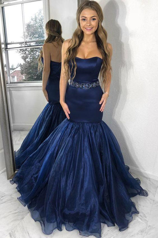 strapless-satin-navy-blue-prom-dress-mermaid-organza-skirt