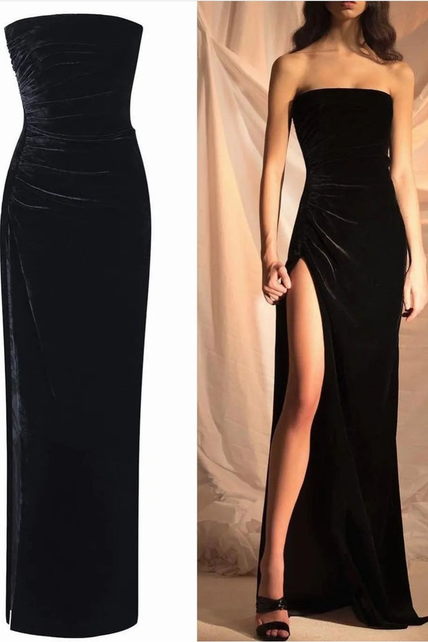 strapless-velvet-black-prom-gown-with-split-side