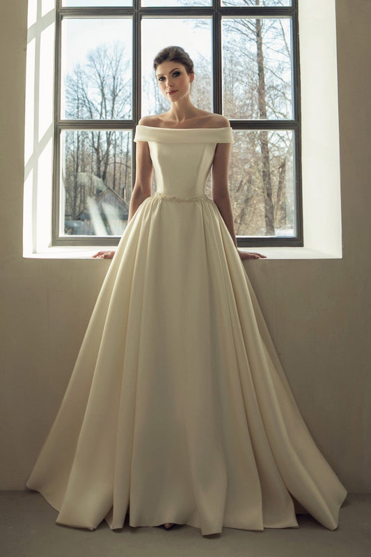 structured-folds-off-the-shoulder-satin-bride-dresses-beaded-belt