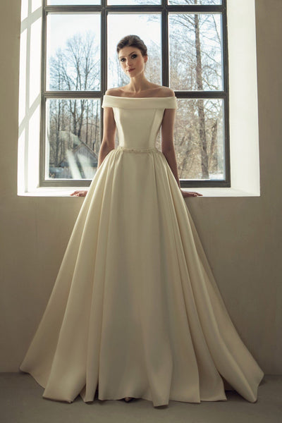 structured-folds-off-the-shoulder-satin-bride-dresses-beaded-belt