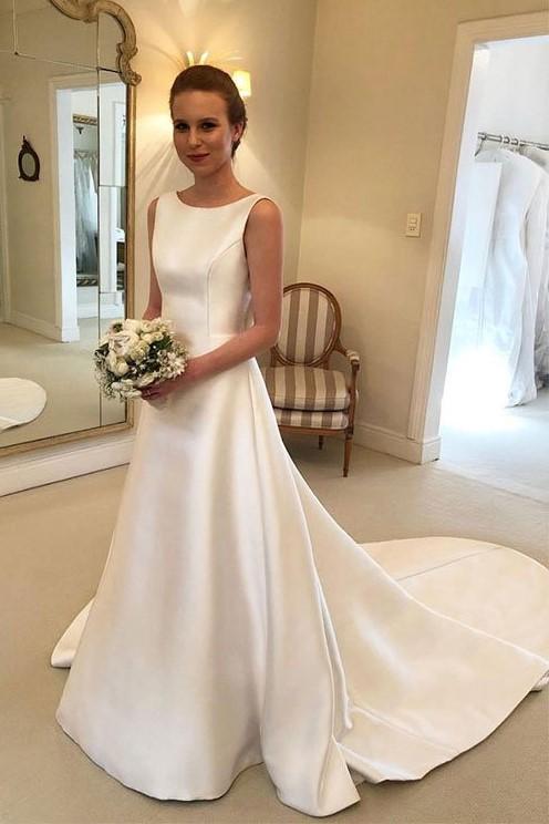 structured-satin-wedding-dresses-with-bow-ribbon-sash-back