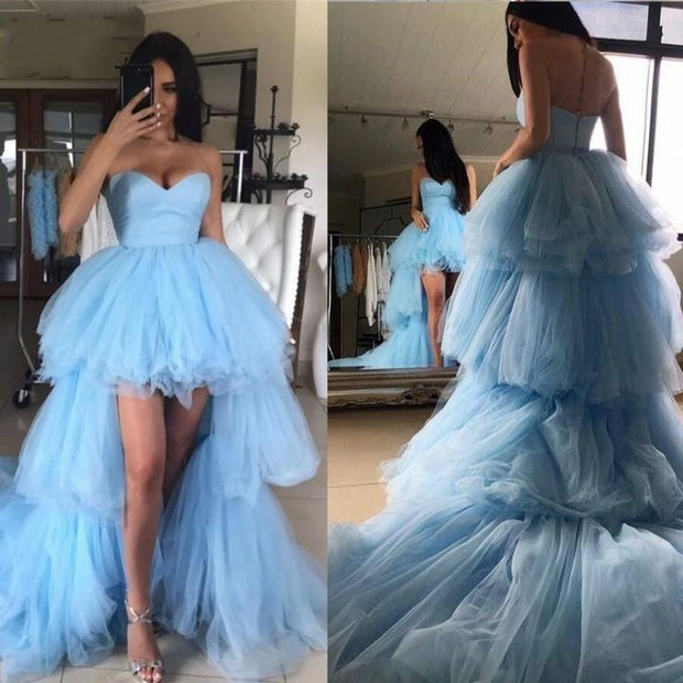 Sweetheart High-Low Prom Gown Tulle Tiered Train