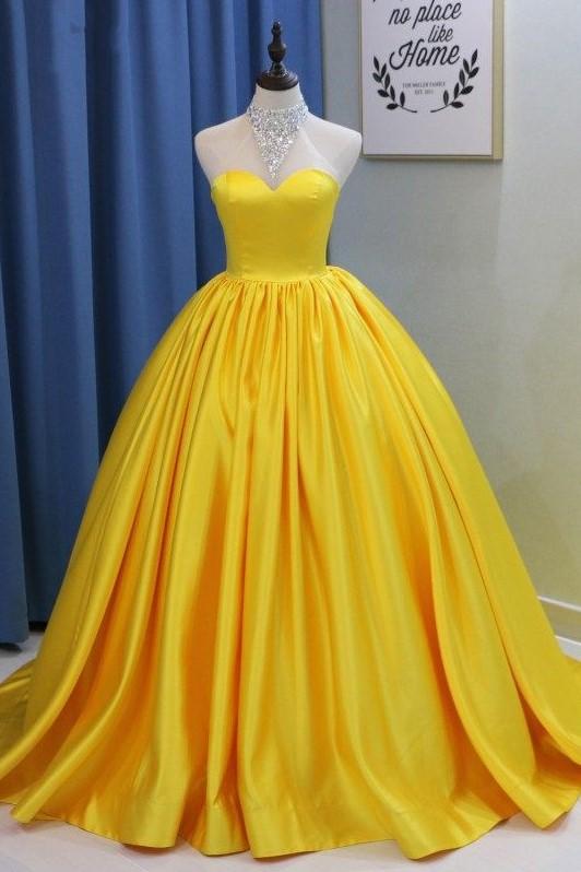 sweetheart-yellow-prom-ball-gown-with-satin-skirt