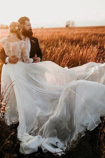 three-quarter-sleeves-outdoor-wedding-dress-illusion-lace-chiffon-skirt