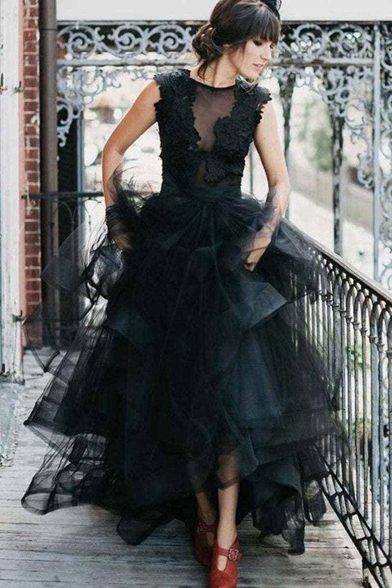 tiered-skirt-black-bridal-dresses-with-sheer-lace-bodice-1