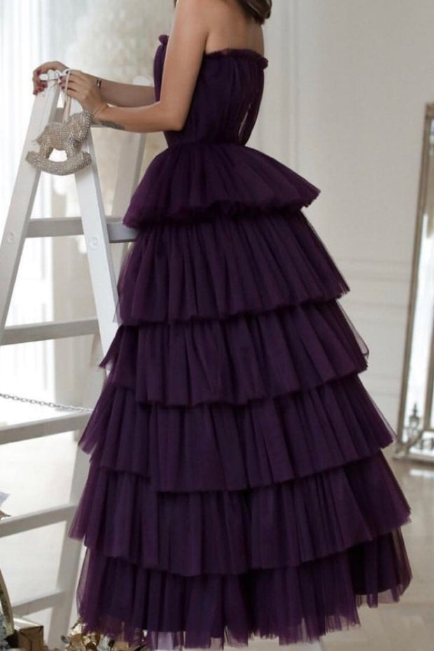 Tiered Skirt Dark Purple Prom Dresses with Strapless Ruching Bodice