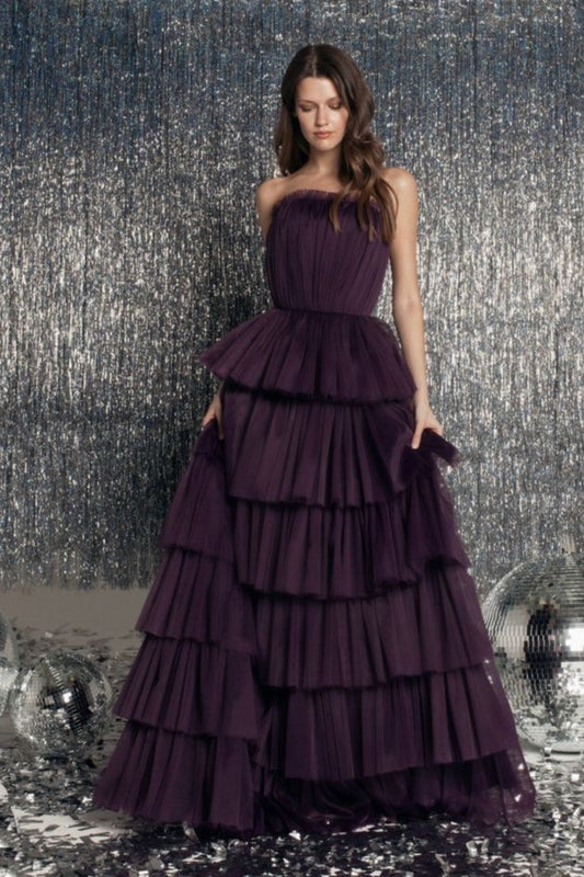 Tiered Skirt Dark Purple Prom Dresses with Strapless Ruching Bodice