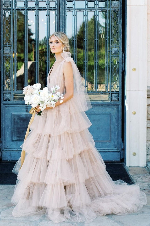 Tiered Tulle Romantic Bridal Dresses with V-neckline