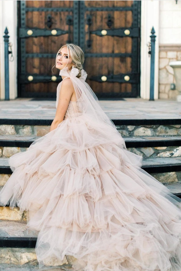 tiered-tulle-romantic-bridal-dresses-with-v-neckline