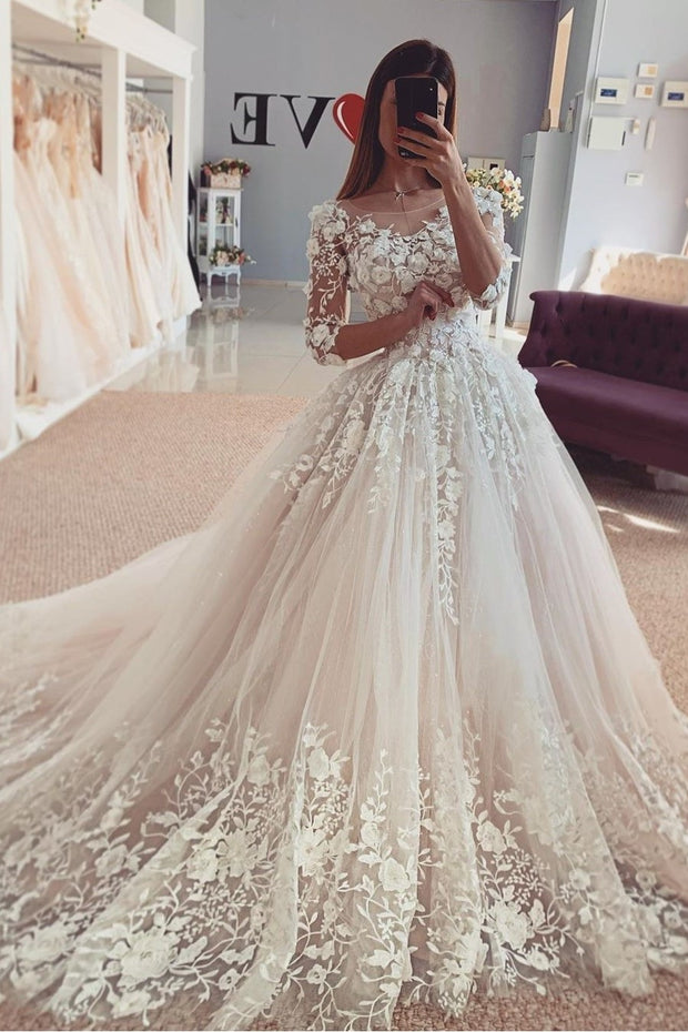 tulle-floral-lace-bride-dresses-with-elbow-sleeves