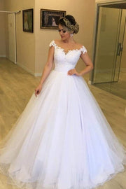 tulle-skirt-classic-wedding-dresses-with-appliques-capped-sleeves