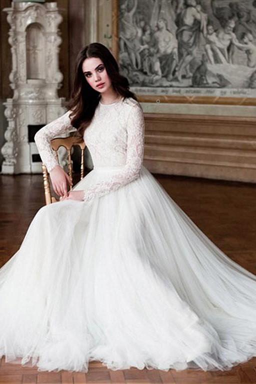 tulle-skirt-modest-wedding-dresses-lace-long-sleeves