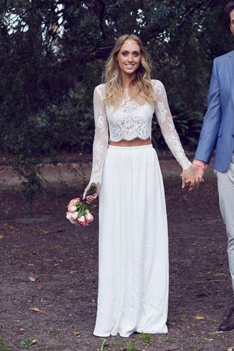 two-piece-lace-chiffon-boho-bride-dresses-with-full-sleeve