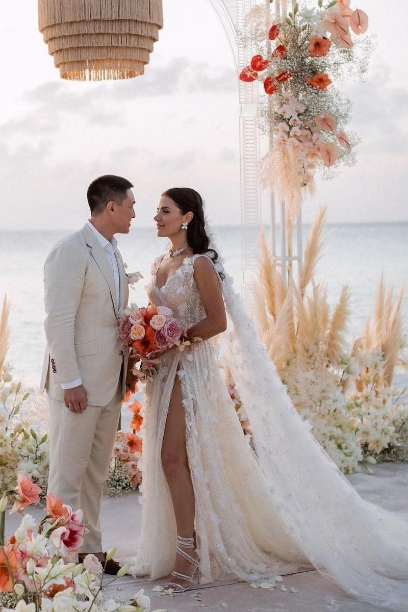 V-neck Lace Flower Wedding Dress with Split Side