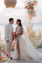 V-neck Lace Flower Wedding Dress with Split Side
