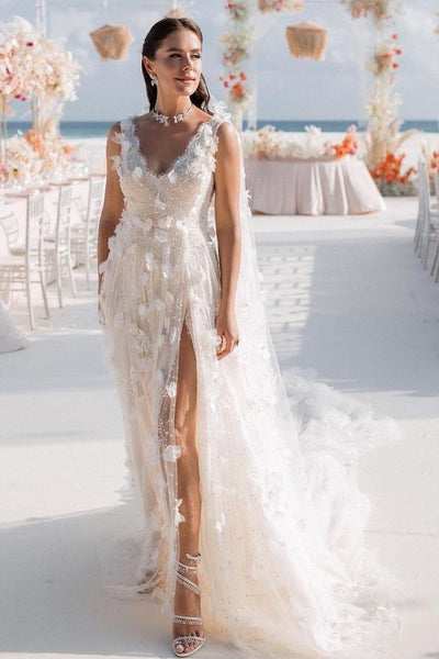 v-neck-lace-flower-wedding-dress-with-split-side