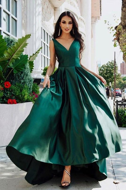 V-neckline Dark Green Prom Dresses with Satin Skirt – NarsBridal