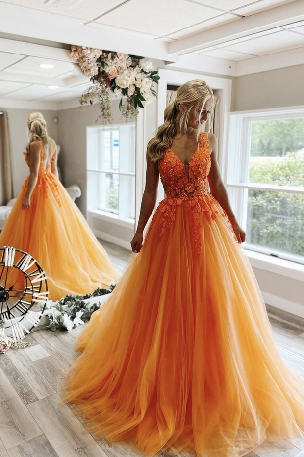 v-neckline-orange-prom-gowns-with-floral-appliques-bodice