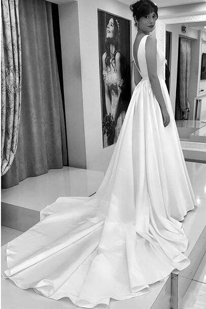 v-neckline-satin-wedding-dresses-with-bow-sash-1