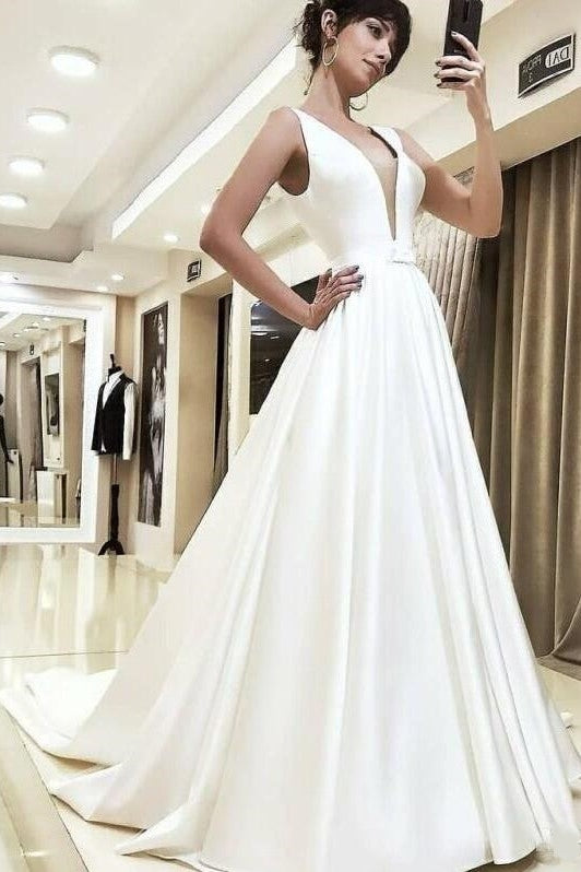 v-neckline-satin-wedding-dresses-with-bow-sash