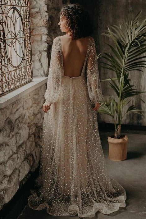 V-neckline Sequin Wedding Dresses Loose Long Sleeves