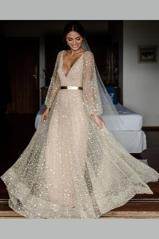 v-neckline-sequin-wedding-dresses-loose-long-sleeves