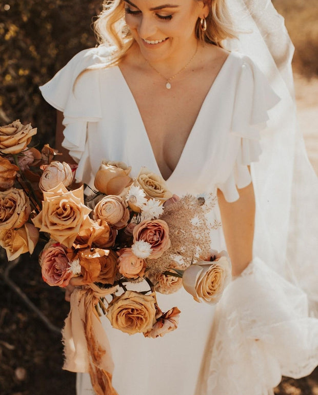 V-neckline Sheath Bridal Gown with Ruffled Sleeves