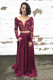 v-neckline-two-piece-prom-dresses-long-sleeves-lace-bodice