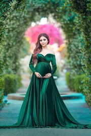velvet-long-sleeves-dark-green-baby-shower-dress-for-pregnant