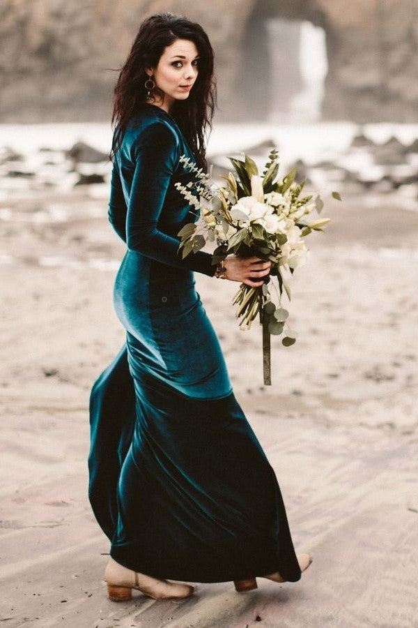 velvet-long-sleeves-ink-blue-evening-dresses-with-v-neck-1