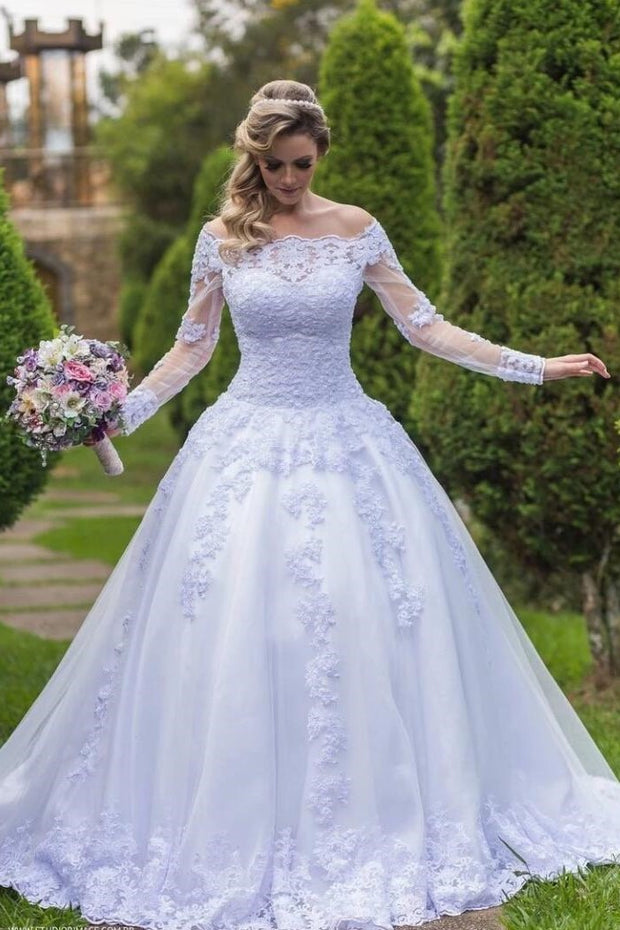 white-lace-tulle-wedding-gown-off-the-shoulder-long-sleeves