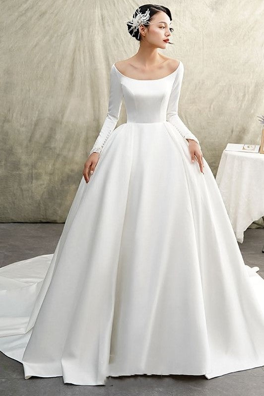 white-satin-ball-gown-full-sleeve-wedding-dress-with-wide-neckline