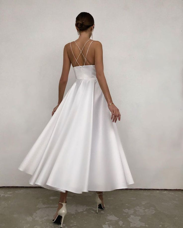 White Satin Midi Dresses for Brides vestido de novia corto