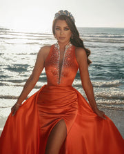 Women Beaded Orange Prom Gown with Long Leg Slit