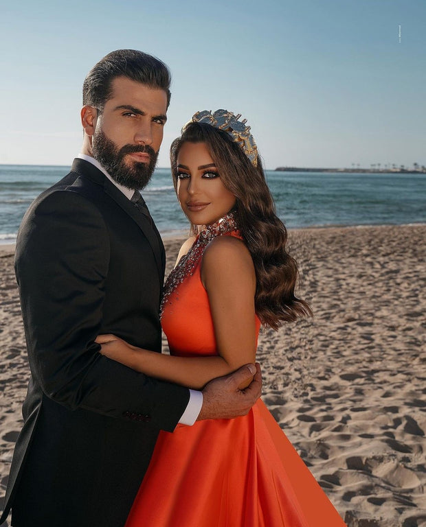 Women Beaded Orange Prom Gown with Long Leg Slit