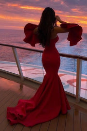 women-red-mermaid-evening-dress-strapless-neckline-1