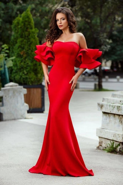 women-red-mermaid-evening-dress-strapless-neckline