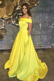 yellow-satin-off-the-shoulder-prom-dresses-with-pockets