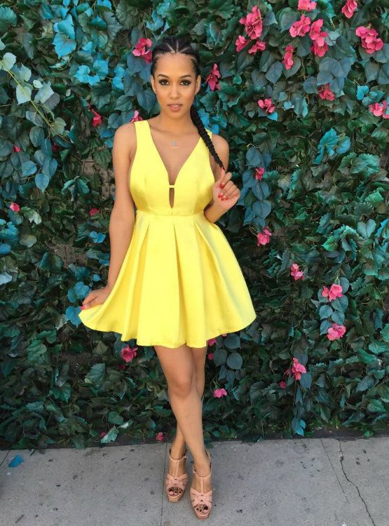 yellow-satin-short-homecoming-dresses-with-deep-v-neckline